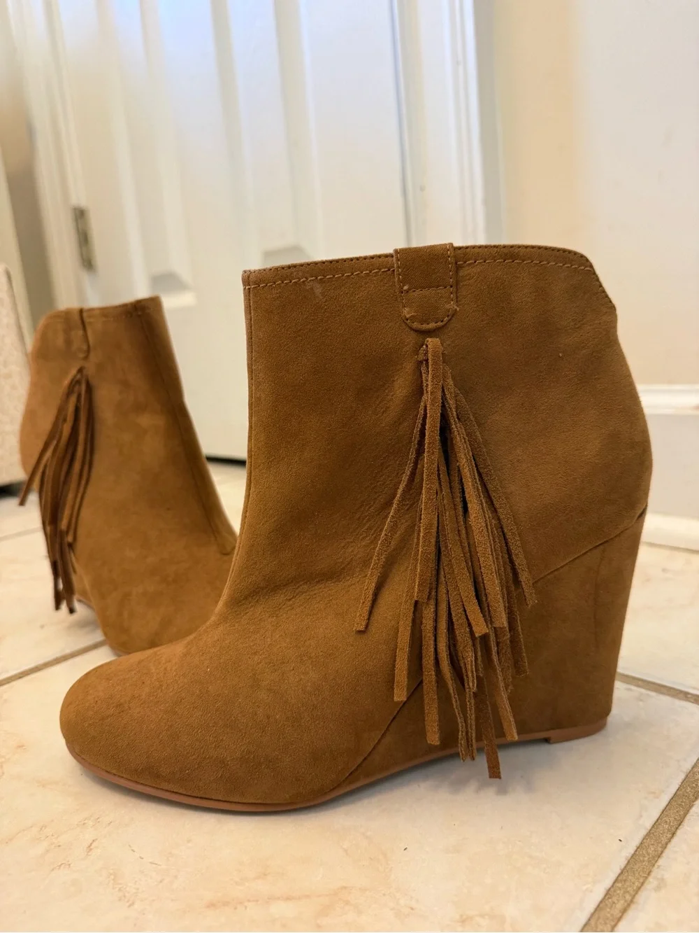 MIA designer Suede Fringe Wedge Booties in Tan